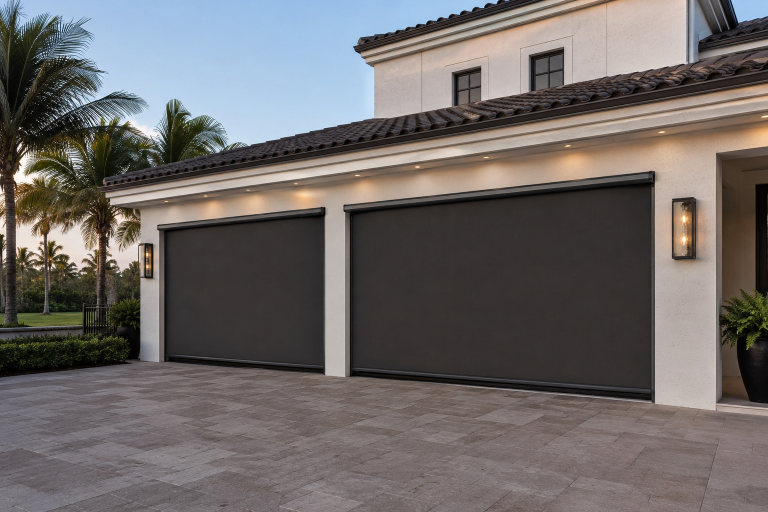 Full-height motorized screen across an open garage bay