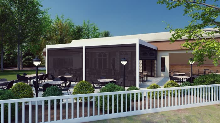 Commercial louvered pergola at restaurant